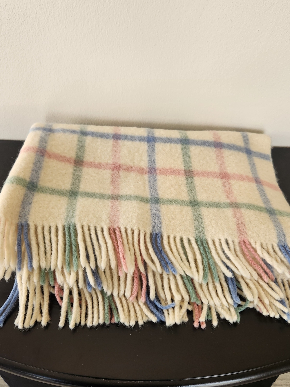 Vintage Wool Cream Plaid Fringe Baby Blanket with Pastel Stripes